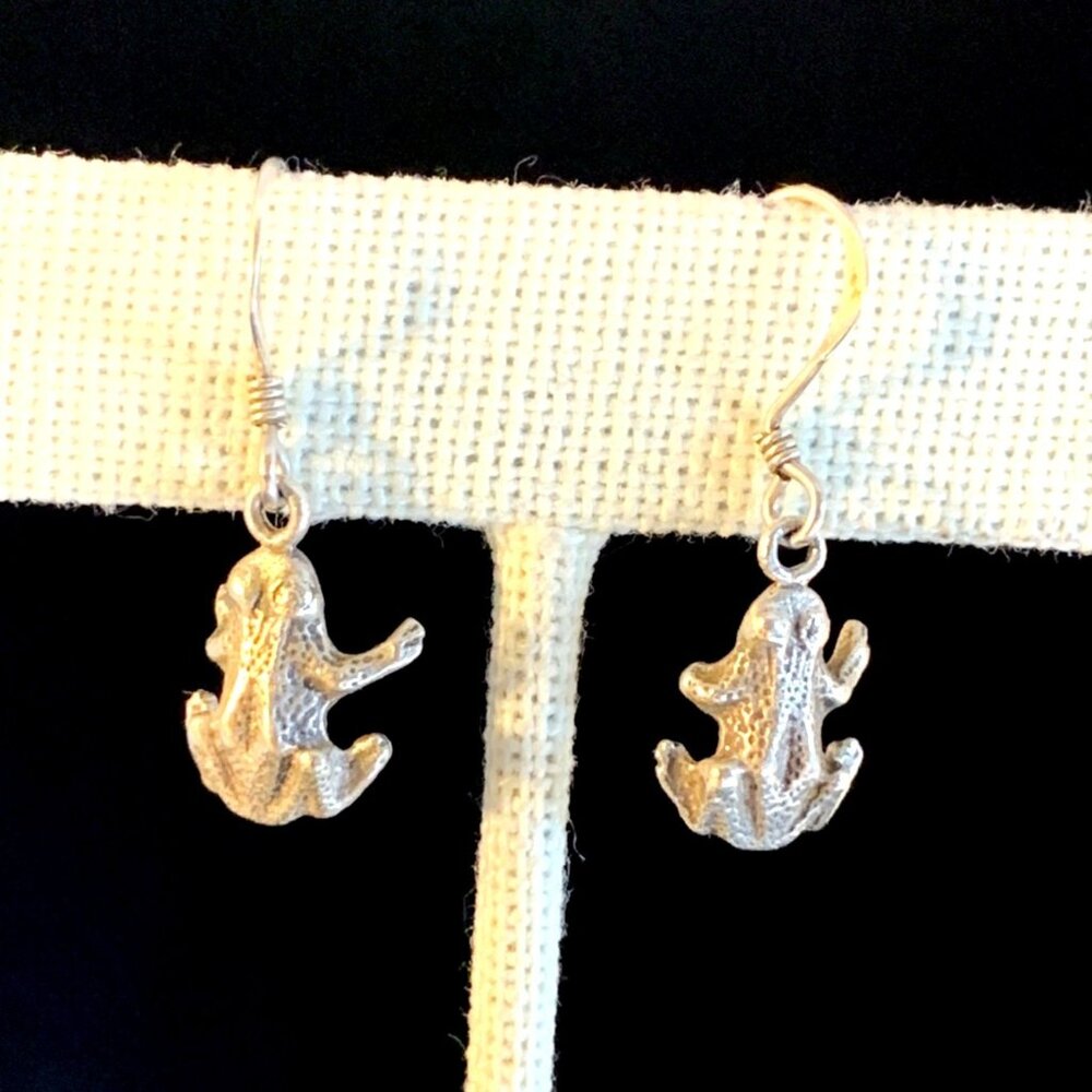 3 Dimensional Frog Design Dangle Earrings VTG Sterling Silver 925 Size 1" Length